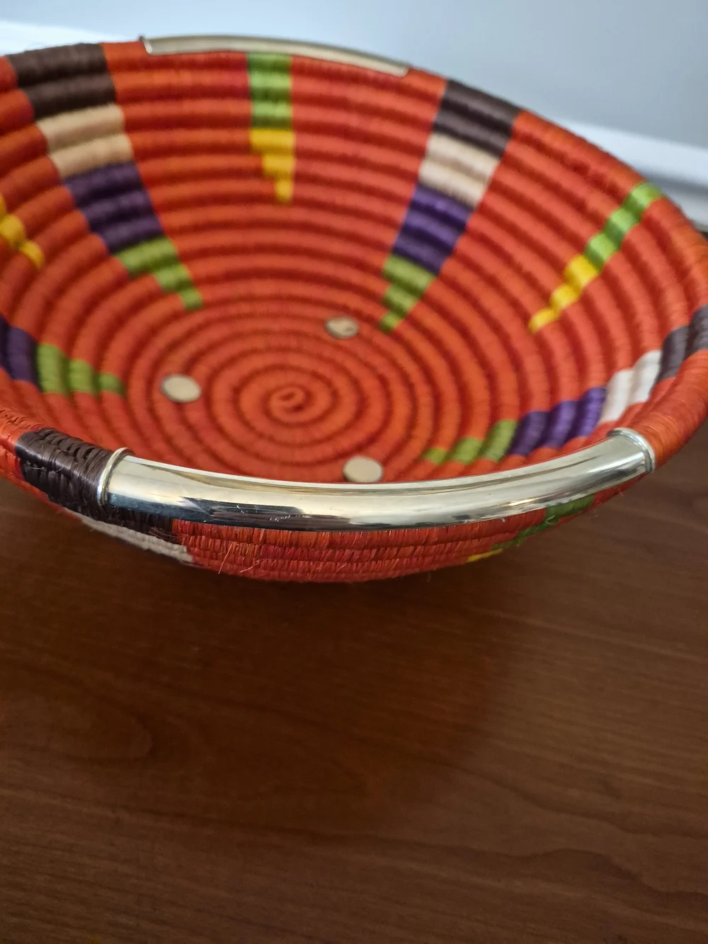 Cellia Handwoven orange Multicolor Decorative Bowl with Chrome Handles  Accents
